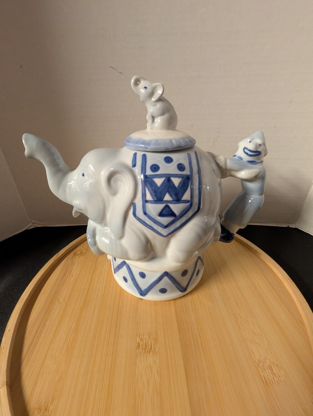 Vintage Collectible Bombay Company Blue And White Elephant & Clown China Teapot